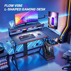 Scrivania da Gaming a L con Supporto Monitor, Presa di Corrente, Luce LED, Portabicchieri e Supporto Controller – 41.6'' / 57''