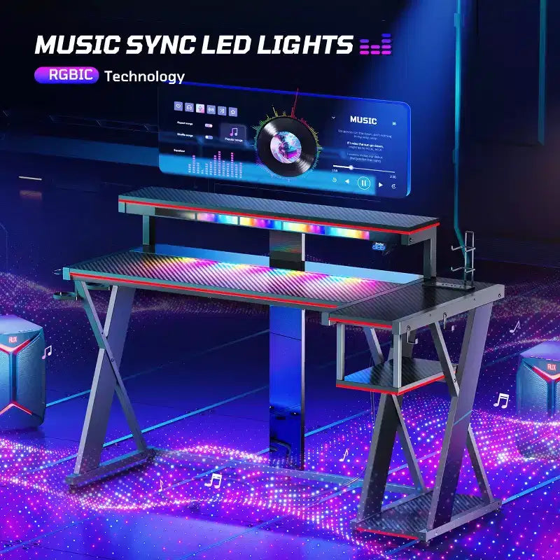 Scrivania da Gaming a L con Supporto Monitor, Presa di Corrente, Luce LED, Portabicchieri e Supporto Controller – 41.6'' / 57''