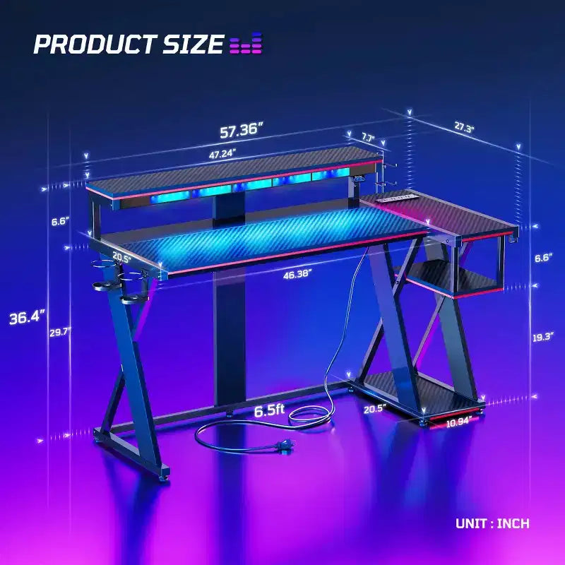 Scrivania da Gaming a L con Supporto Monitor, Presa di Corrente, Luce LED, Portabicchieri e Supporto Controller – 41.6'' / 57''