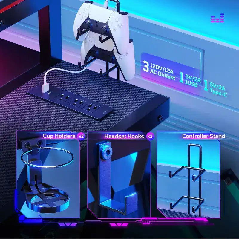 Scrivania da Gaming a L con Supporto Monitor, Presa di Corrente, Luce LED, Portabicchieri e Supporto Controller – 41.6'' / 57''