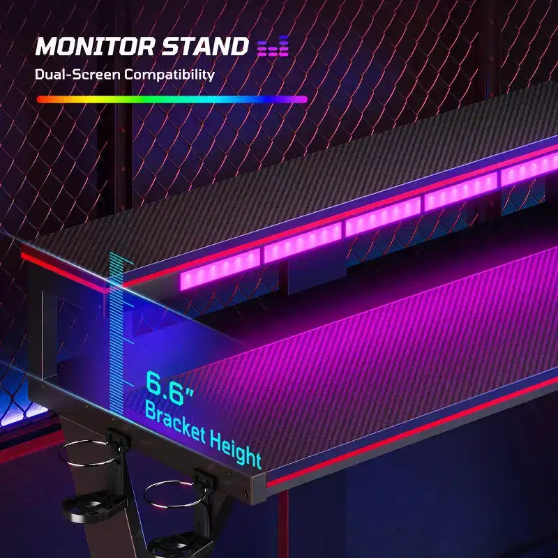 Scrivania da Gaming a L con Supporto Monitor, Presa di Corrente, Luce LED, Portabicchieri e Supporto Controller – 41.6'' / 57''