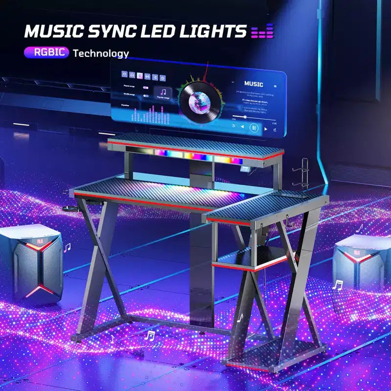 Scrivania da Gaming a L con Supporto Monitor, Presa di Corrente, Luce LED, Portabicchieri e Supporto Controller – 41.6'' / 57''