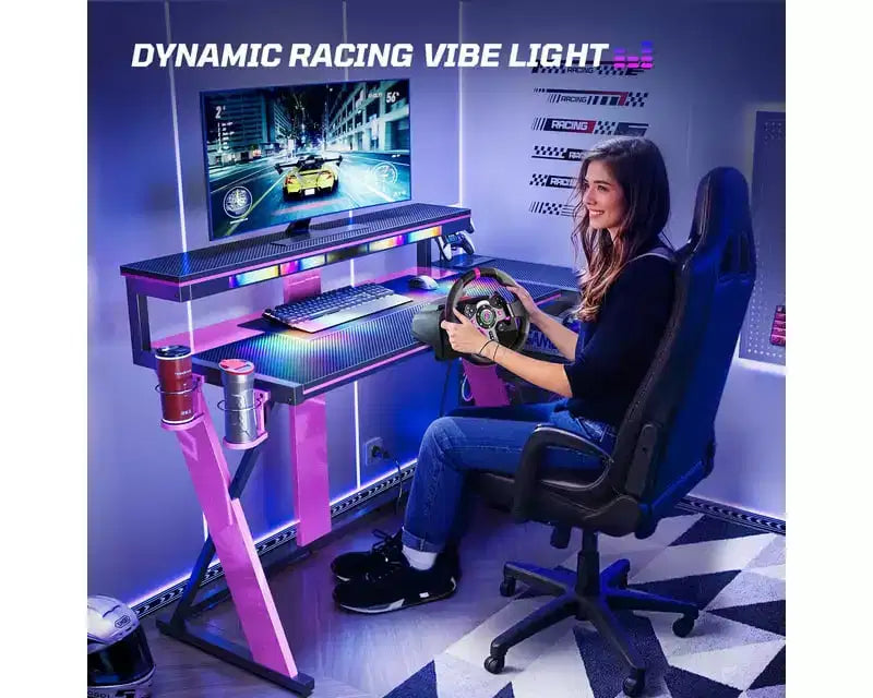 Scrivania da Gaming a L con Supporto Monitor, Presa di Corrente, Luce LED, Portabicchieri e Supporto Controller – 41.6'' / 57''
