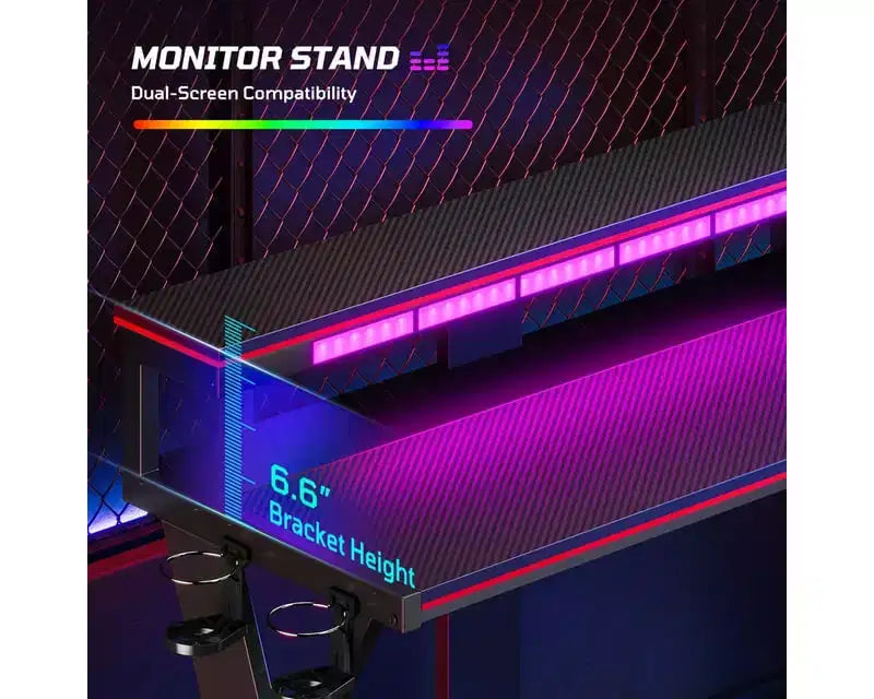Scrivania da Gaming a L con Supporto Monitor, Presa di Corrente, Luce LED, Portabicchieri e Supporto Controller – 41.6'' / 57''