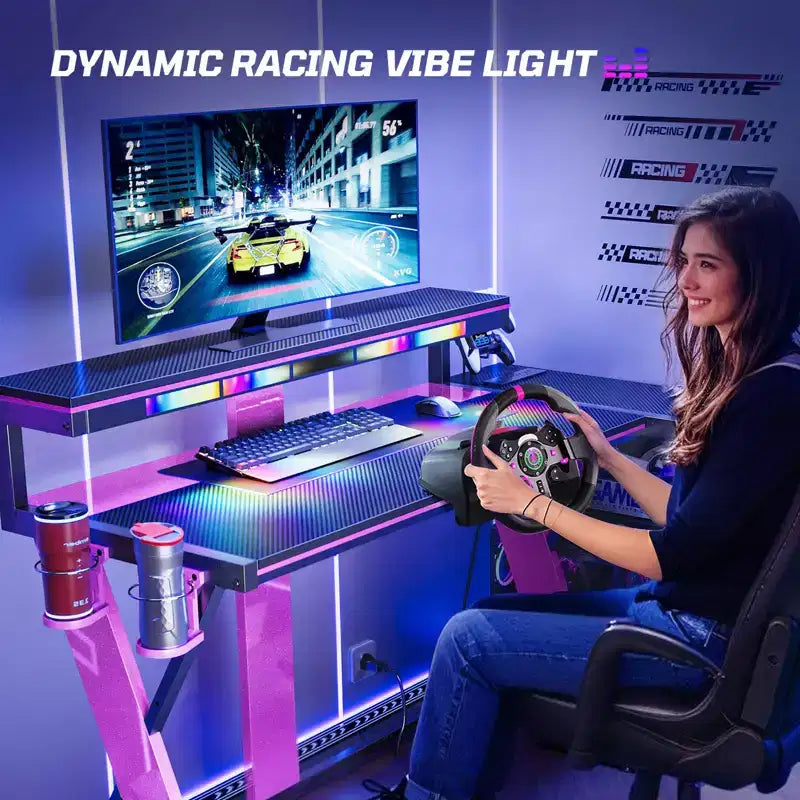 Scrivania da Gaming a L con Supporto Monitor, Presa di Corrente, Luce LED, Portabicchieri e Supporto Controller – 41.6'' / 57''