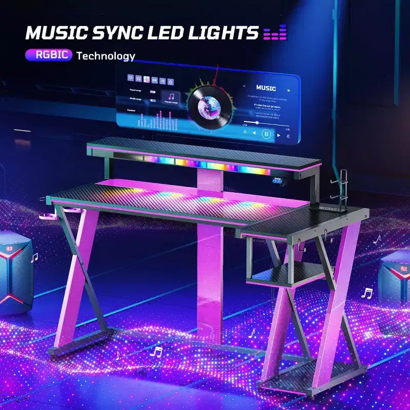 Scrivania da Gaming a L con Supporto Monitor, Presa di Corrente, Luce LED, Portabicchieri e Supporto Controller – 41.6'' / 57''
