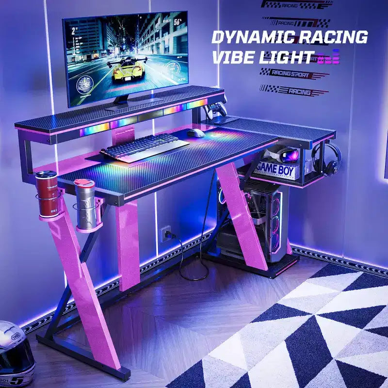 Scrivania da Gaming a L con Supporto Monitor, Presa di Corrente, Luce LED, Portabicchieri e Supporto Controller – 41.6'' / 57''