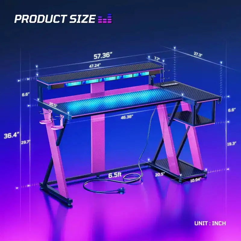 Scrivania da Gaming a L con Supporto Monitor, Presa di Corrente, Luce LED, Portabicchieri e Supporto Controller – 41.6'' / 57''