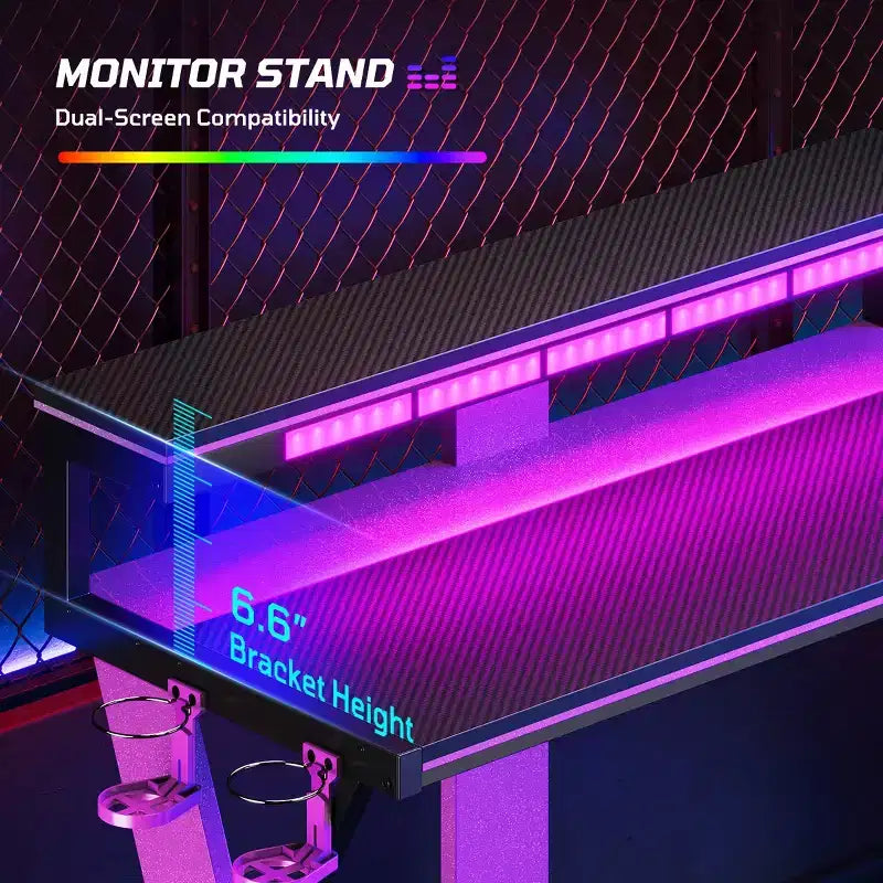 Scrivania da Gaming a L con Supporto Monitor, Presa di Corrente, Luce LED, Portabicchieri e Supporto Controller – 41.6'' / 57''
