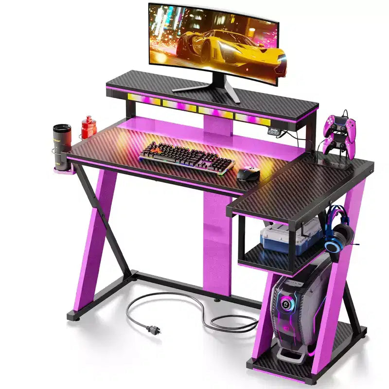 Scrivania da Gaming a L con Supporto Monitor, Presa di Corrente, Luce LED, Portabicchieri e Supporto Controller – 41.6'' / 57''