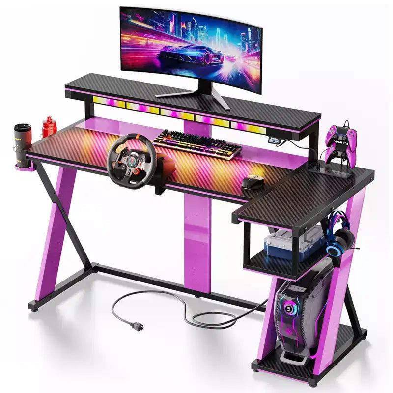 Scrivania da Gaming a L con Supporto Monitor, Presa di Corrente, Luce LED, Portabicchieri e Supporto Controller – 41.6'' / 57''