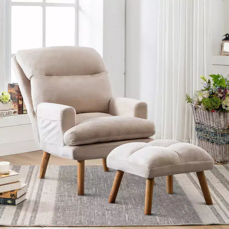 Bestier Accent Chairs with Ottoman, Velvet Fabric Armchair for Bedroom Living Room, Comfy Lounge Chair with Adjustable Backrest and Side Pocket