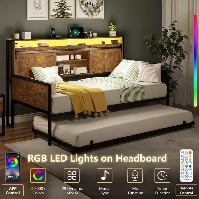 Divano letto gemello con rotelle e luci a LED