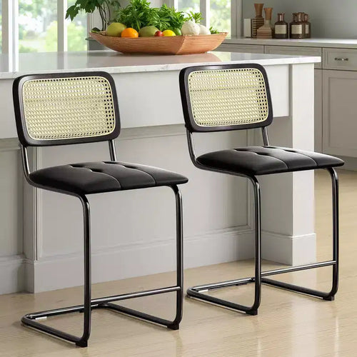 MAYEERTY 24 Black Counter Height Bar Stools Set of 2, PU Leather & Rattan Back, for Dining Areas