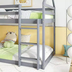 Letto a castello singolo in legno di gomma con scala e sponde, telaio a forma di casetta, bianco