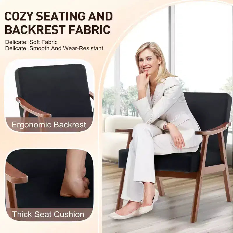 Poltrona Accent Wingback Mid-Century con Struttura in Legno Massello e Schienale Spesso