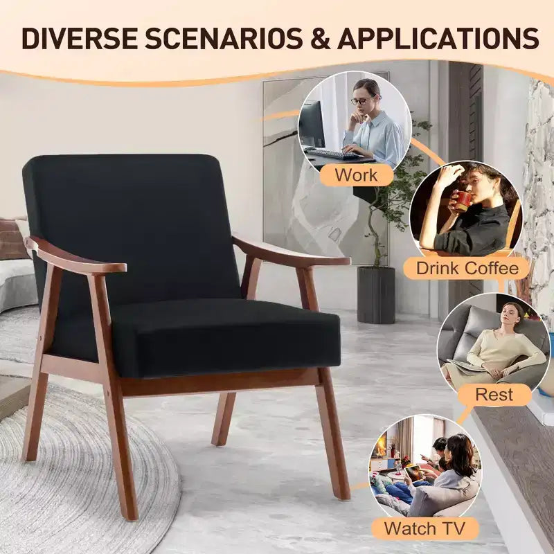 Poltrona Accent Wingback Mid-Century con Struttura in Legno Massello e Schienale Spesso