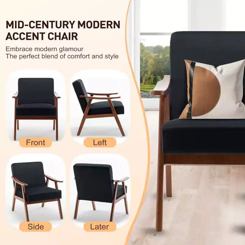 Poltrona Accent Wingback Mid-Century con Struttura in Legno Massello e Schienale Spesso