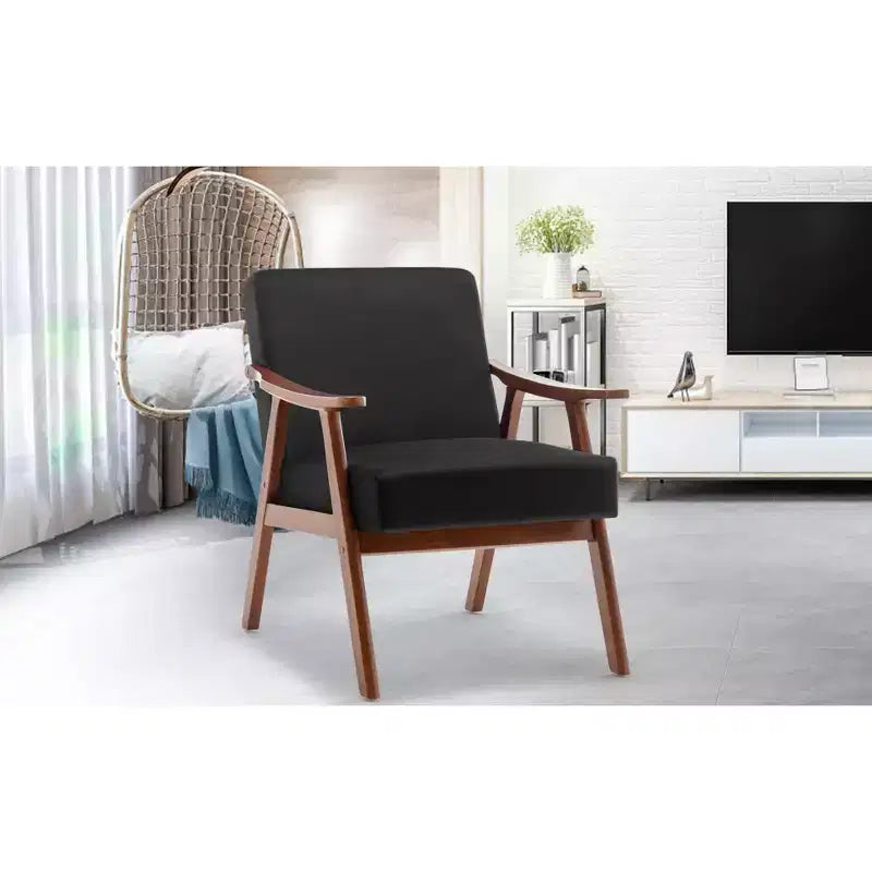 Poltrona Accent Wingback Mid-Century con Struttura in Legno Massello e Schienale Spesso