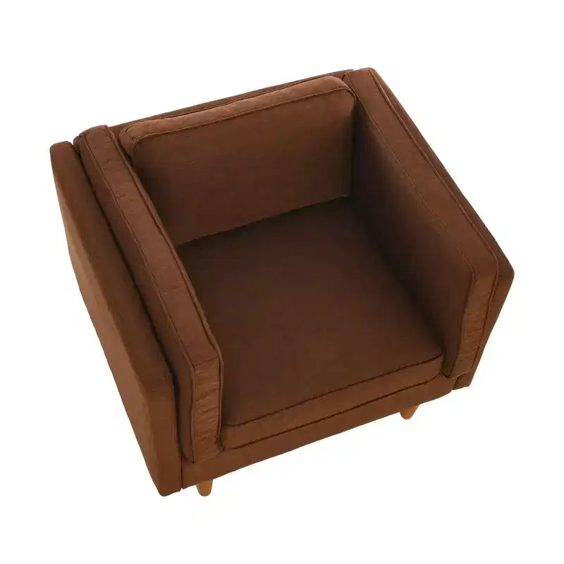 Poltrona moderna imbottita con braccioli e schienale alto, con gambe in legno massello