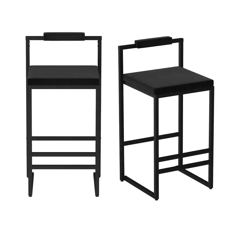 Set di 2 Sgabelli da Bar Moderni Rivestiti in Velluto con Poggiapiedi, Altezza Bancone, Neri
