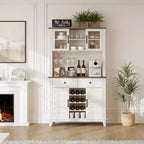 72 Farmhouse Bar Cabinet - Wine Storage w/9 Bottle Rack, 4 Glass Holder & Adjustable Shelf, White