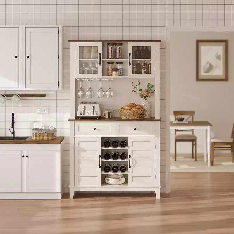 Mobile Bar da 183 cm con Portabottiglie, Portabicchieri e Ripiano Regolabile – Bianco