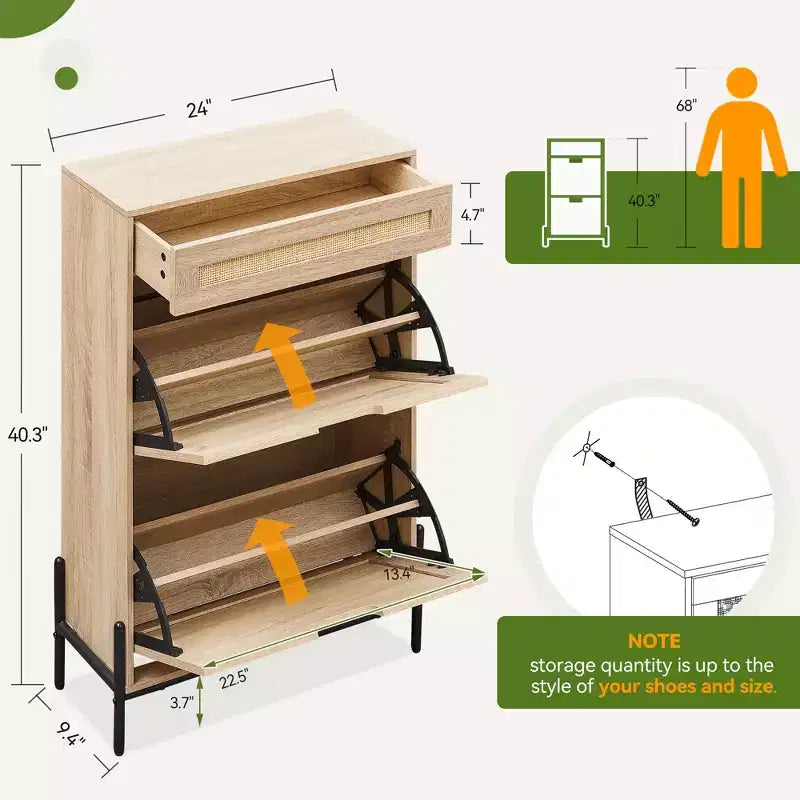 Scarpiera con 2 cassetti a ribalta, design in rattan e gambe in metallo