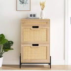 Scarpiera con 2 cassetti a ribalta, design in rattan e gambe in metallo