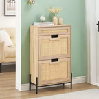 Scarpiera con 2 cassetti a ribalta, design in rattan e gambe in metallo