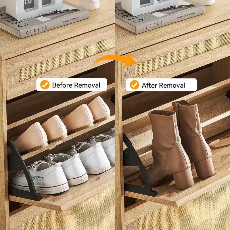 Scarpiera con 2 cassetti a ribalta, design in rattan e gambe in metallo