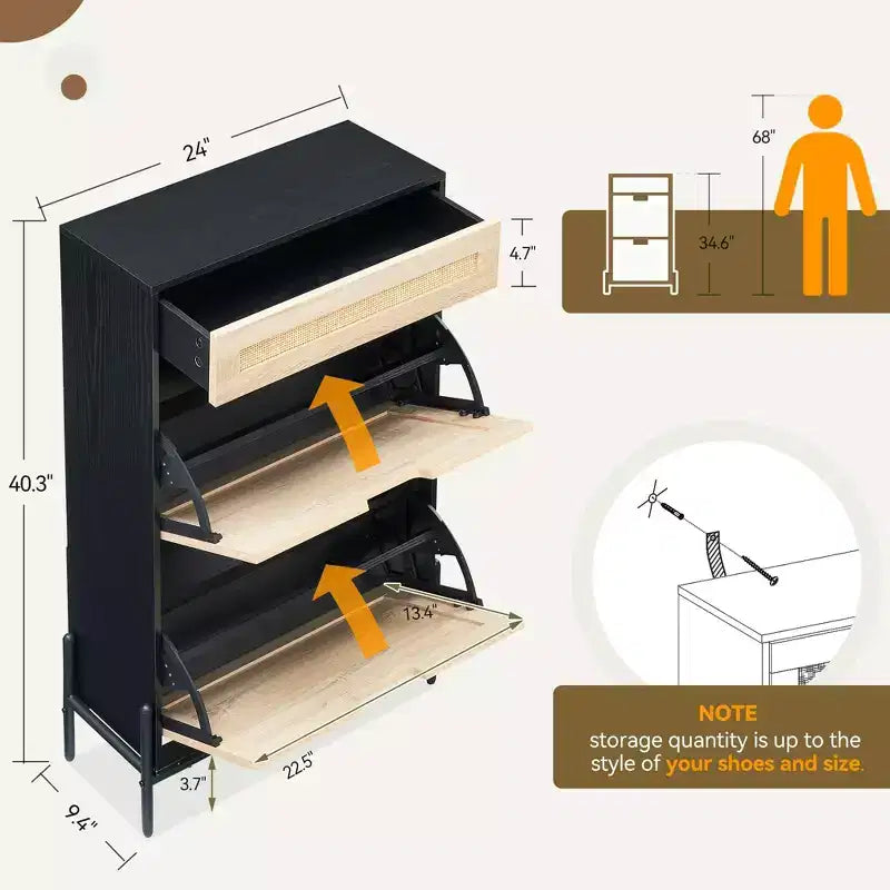 Scarpiera con 2 cassetti a ribalta, design in rattan e gambe in metallo