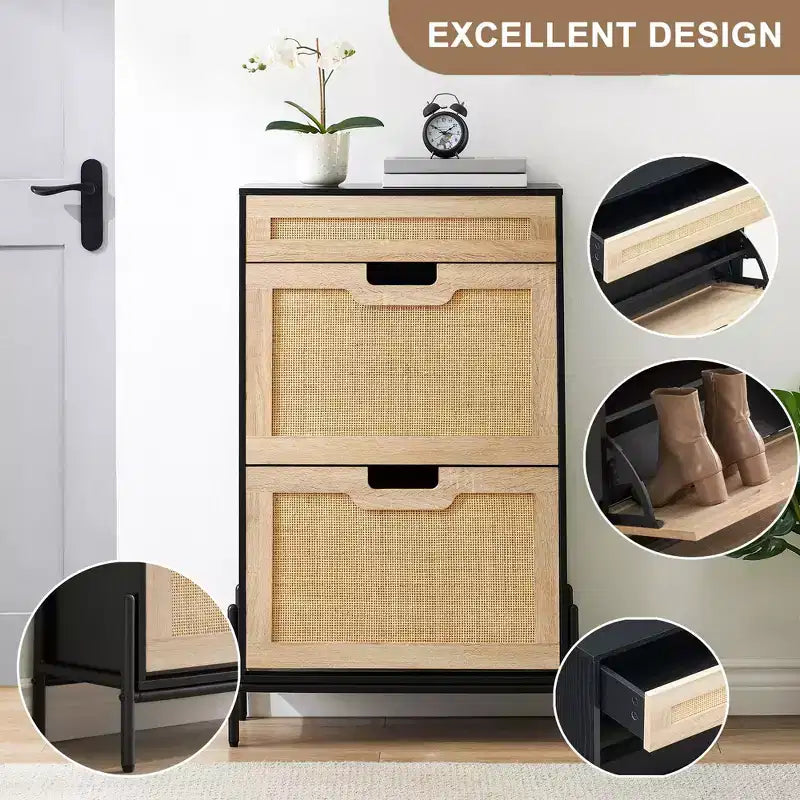 Scarpiera con 2 cassetti a ribalta, design in rattan e gambe in metallo