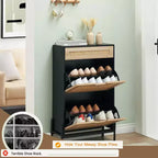 Scarpiera con 2 cassetti a ribalta, design in rattan e gambe in metallo
