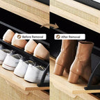 Scarpiera con 2 cassetti a ribalta, design in rattan e gambe in metallo