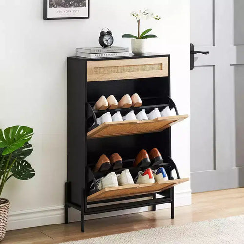 GustoWave 2 Flip Drawers Shoe Storage Cabinet with 1 Drawer, Rattan Shoe Organizer with Metal Legs, Freestanding Narrow Shoe Rack Cabinet