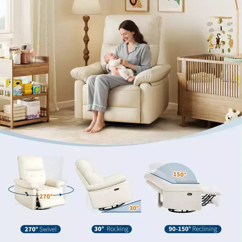 Poltrona Reclinabile Elettrica Girevole, con Funzione Gliding e Basculante – in Pelle PU, Porte USB, Beige