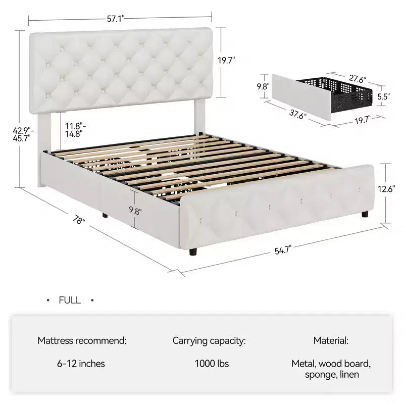 Struttura letto King Size con piattaforma, testiera regolabile e 4 cassetti contenitore