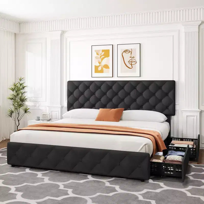 Struttura letto King Size con piattaforma, testiera regolabile e 4 cassetti contenitore
