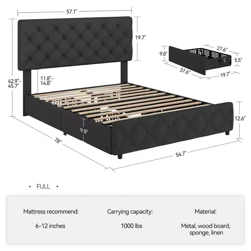 Struttura letto King Size con piattaforma, testiera regolabile e 4 cassetti contenitore