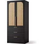 Armadio Guardaroba da 176,5 cm con 3 cassetti, ante in rattan e asta appendiabiti