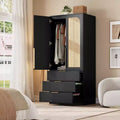 Acekool 69.5 Armoire Wardrobe Closet with 3 Drawers, Rattan Door, Wooden Storage Cabinet with Hanging Rod, Bedroom Organizer