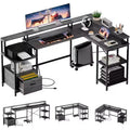 L-Shaped Desk Computer Desk - 76'' Reversible Office/Corner/Gaming Desk with File Drawer, Power Outlet, Monitor Shelf (Grey Oak)