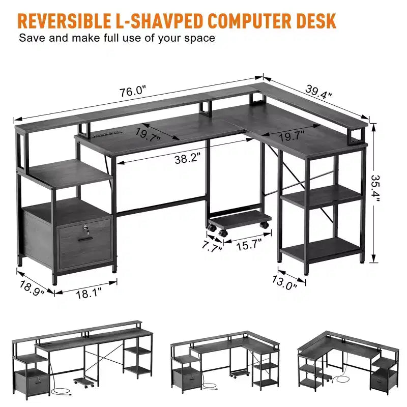 Scrivania a L da 193 cm con cassetto portadocumenti, presa di corrente e ripiano per monitor (grigio)