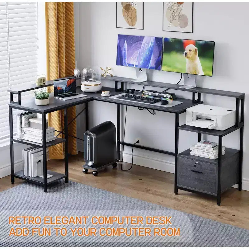 Scrivania a L da 193 cm con cassetto portadocumenti, presa di corrente e ripiano per monitor (grigio)