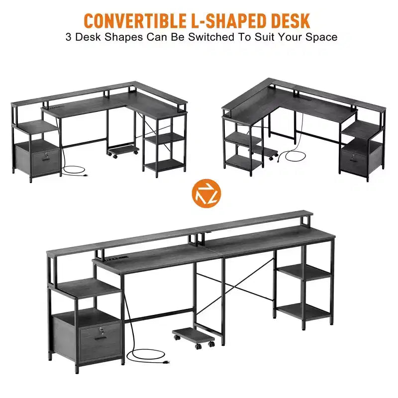 Scrivania a L da 193 cm con cassetto portadocumenti, presa di corrente e ripiano per monitor (grigio)