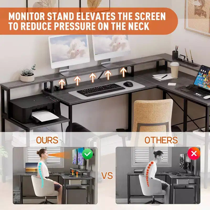Scrivania a L da 193 cm con cassetto portadocumenti, presa di corrente e ripiano per monitor (grigio)