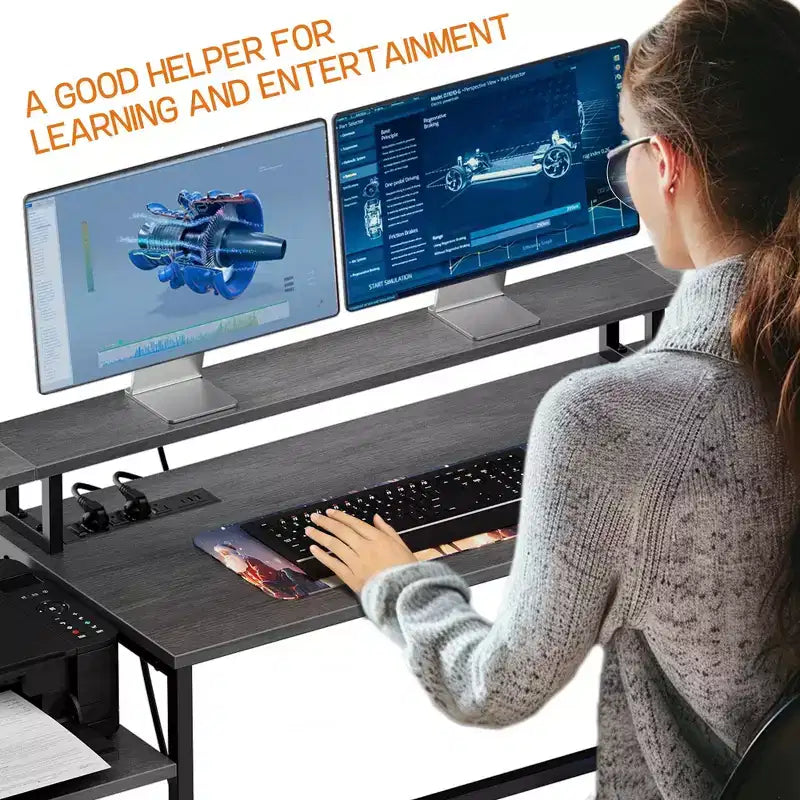 Scrivania a L da 193 cm con cassetto portadocumenti, presa di corrente e ripiano per monitor (grigio)