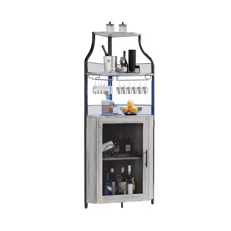 Mobile ad angolo bar con luce LED, portabottiglie, porta bicchieri e anta in rete