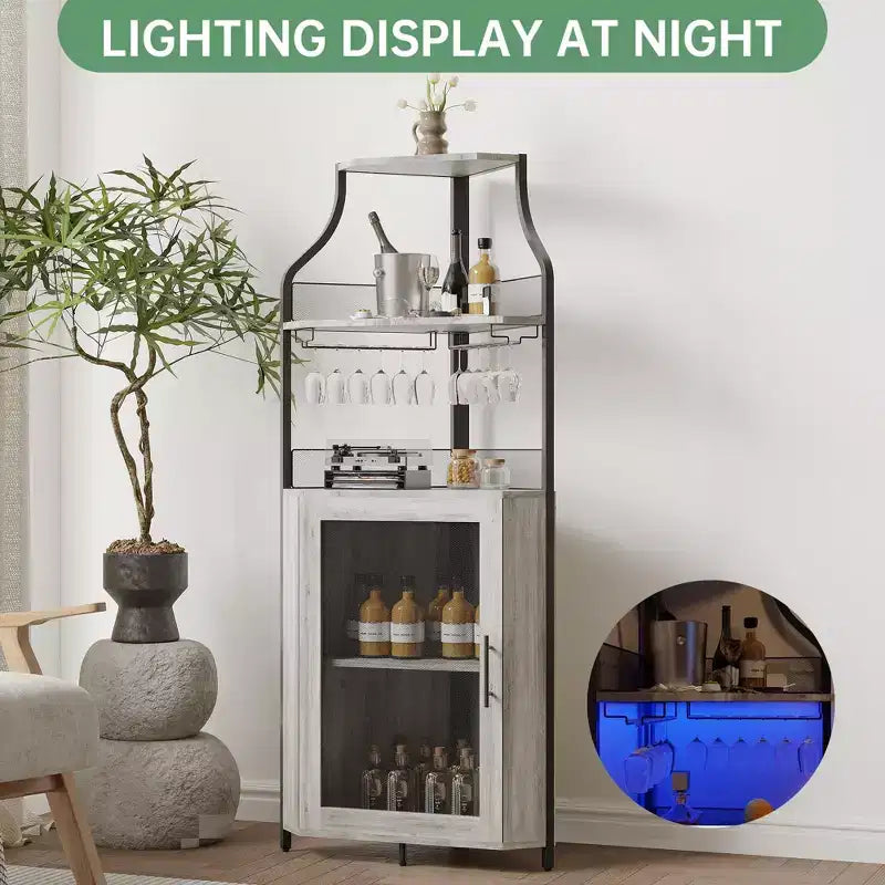 Mobile ad angolo bar con luce LED, portabottiglie, porta bicchieri e anta in rete